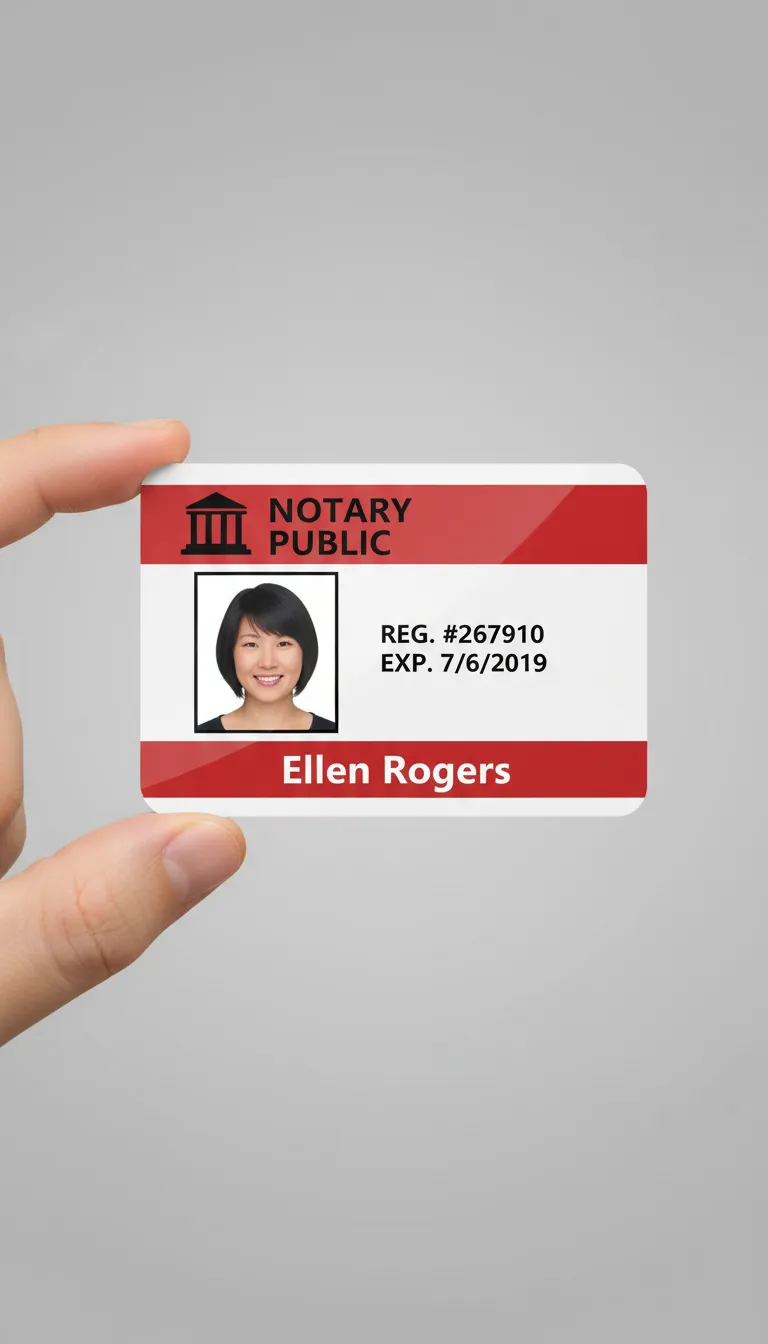 PVC photo ID card for a notary public, with 2 red color bars for the title and name, and white space in between for black text labels.