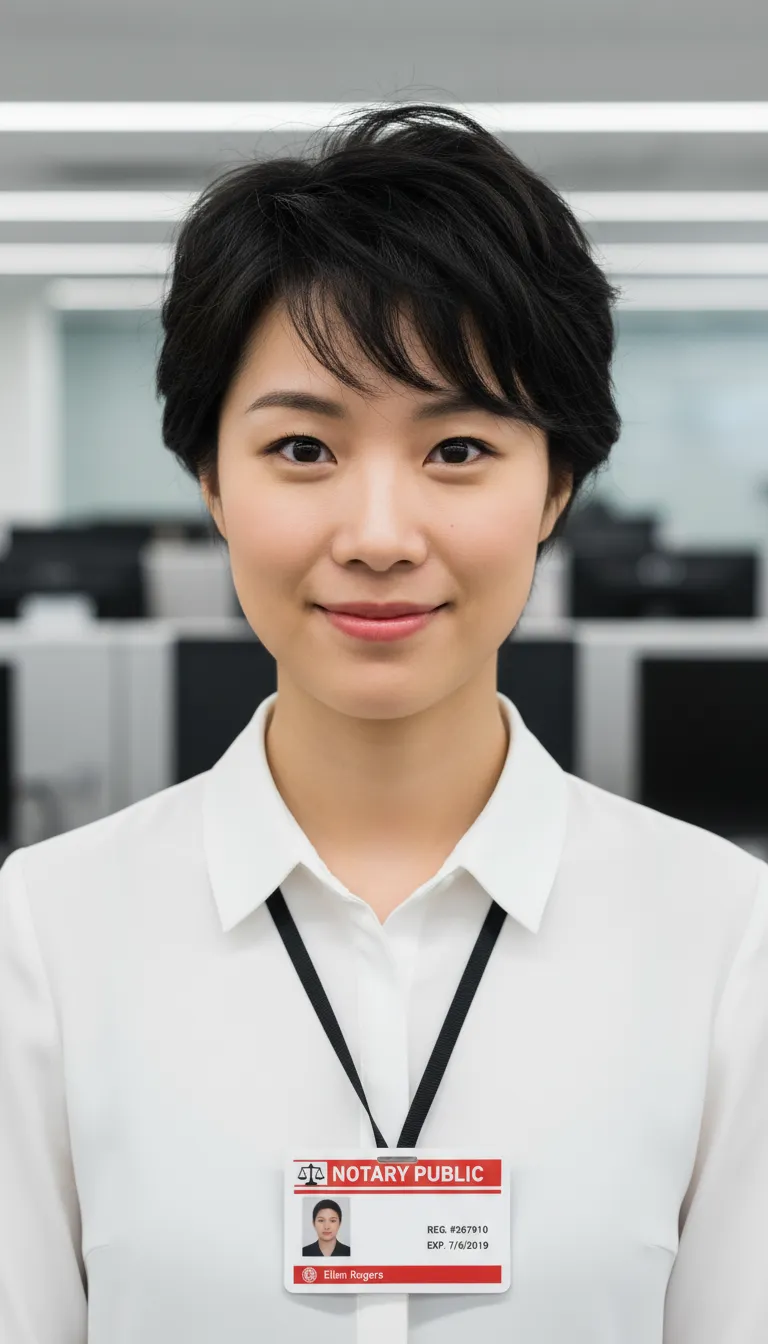 Three color bars, horizontal ID card for a notary public with a slot, worn by a neck lanyard, with photo and data in white and black text.