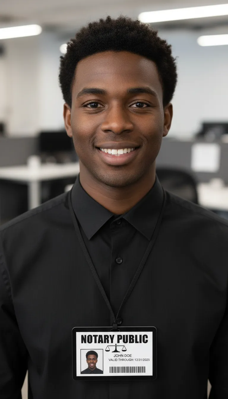 Horizontal layout, notary public photo ID card with a scale icon, barcode and expiration date on white background.