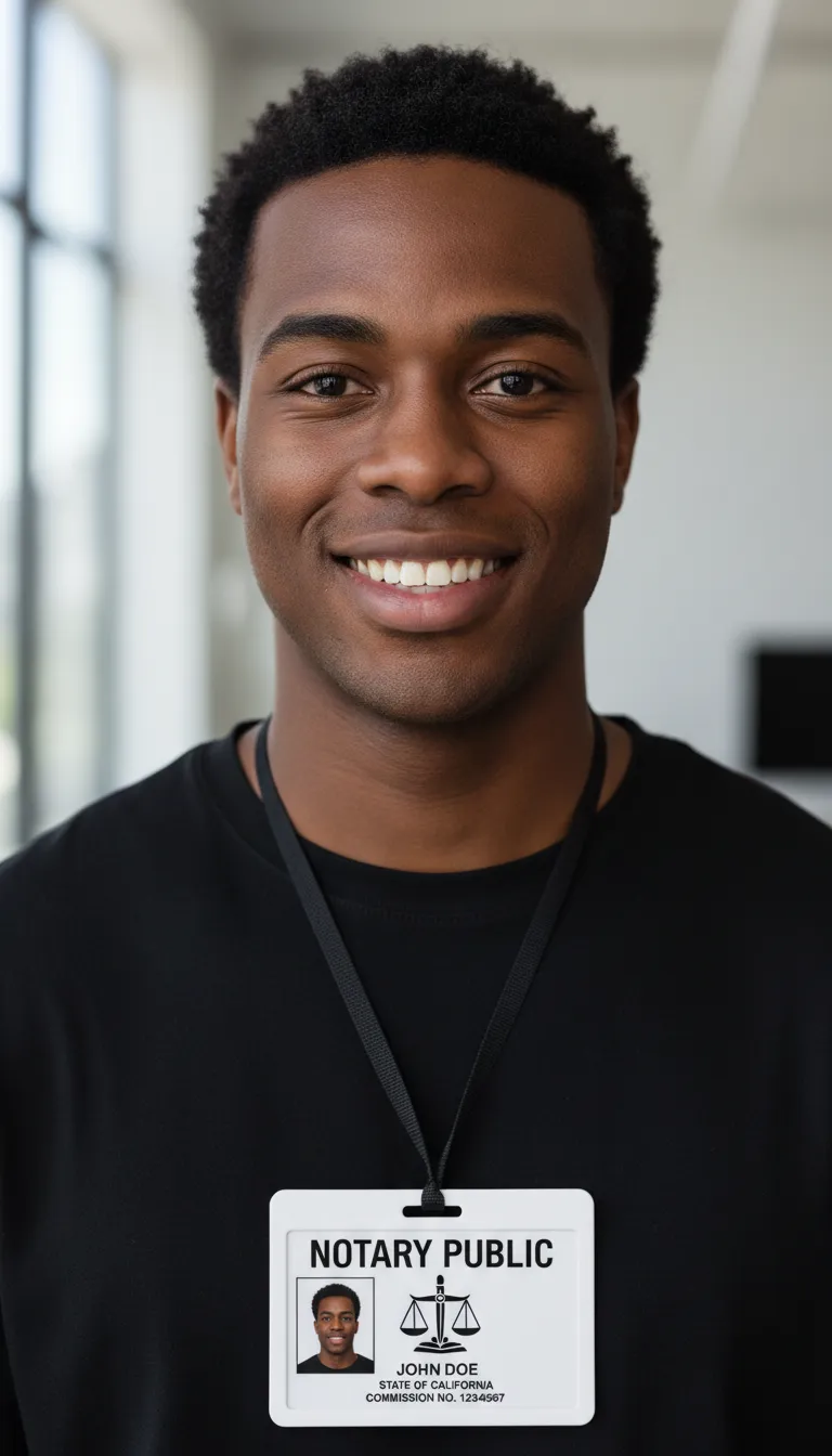 Notary public durable ID card with green and white design, featuring text fields and a circular photo placeholder.