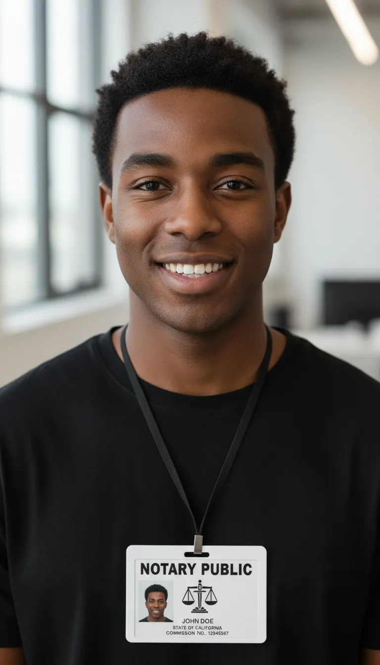Notary public photo ID card with a scale icon in black and commission number on a white background, worn by a lanyard.