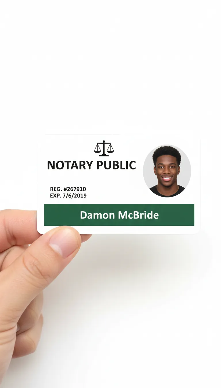 Notary public professional ID card with green and white design, featuring name, title, barcode, and company logo.