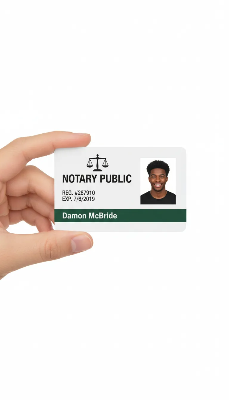 Notary public PVC ID card template with green and white color blocks, logo area, and text fields.