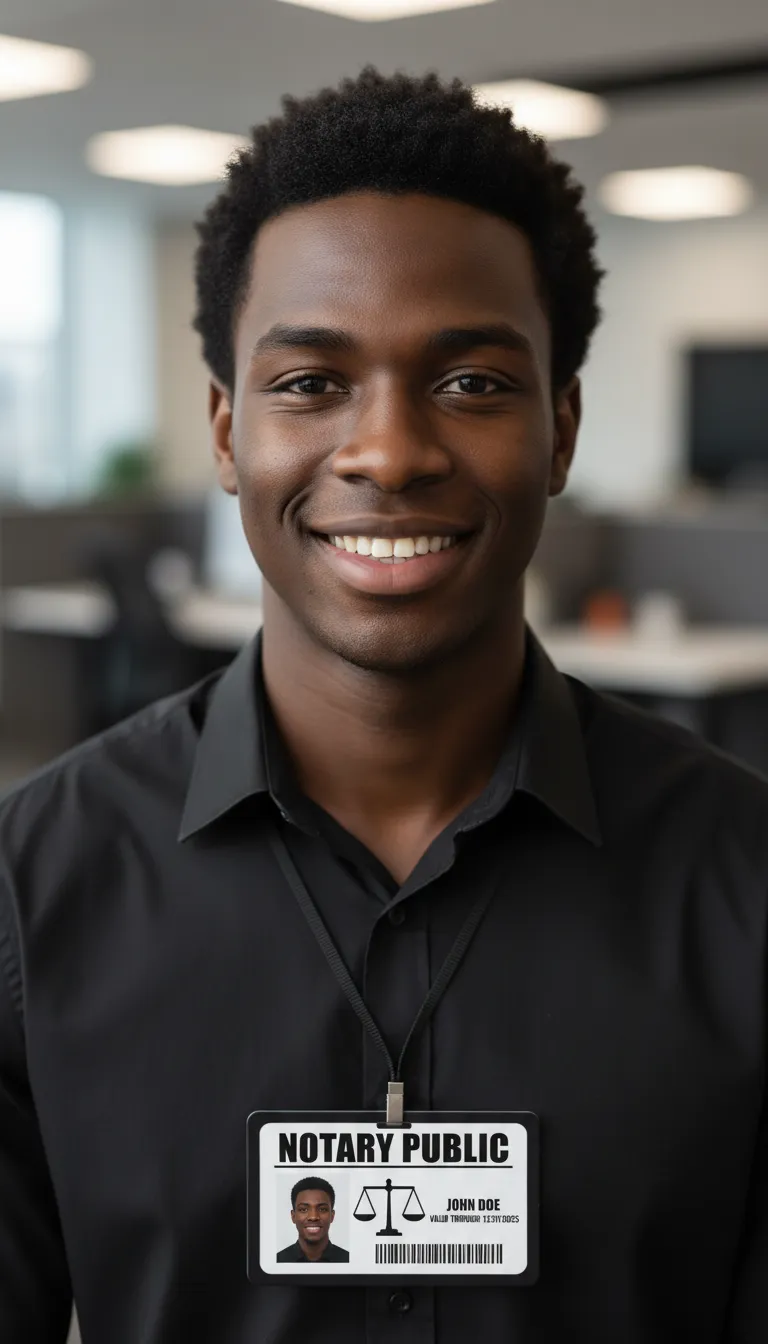 Notary public PVC ID card template with green and white design, featuring text fields and a circular photo area.