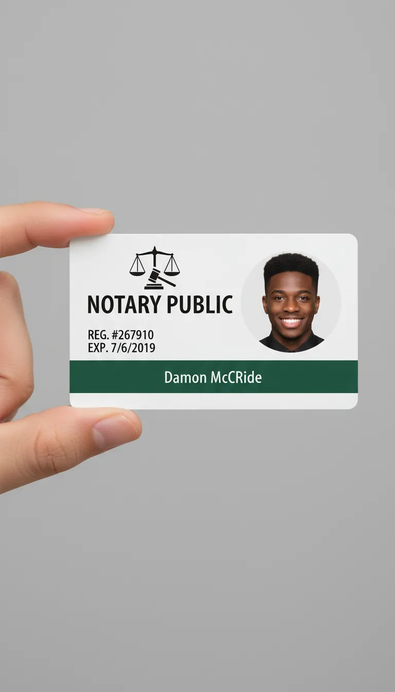 PVC ID card for a notary public with a scale and mullet icons in black on a white background, with a green bar at the bottom.