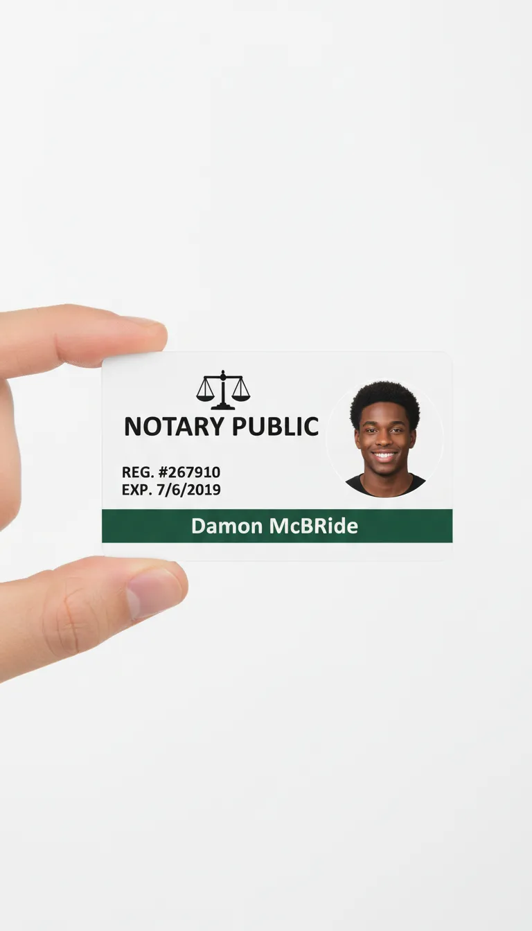 White and green colors photo ID card for a notary public with a scale icon, black text labels, and high contrast name.