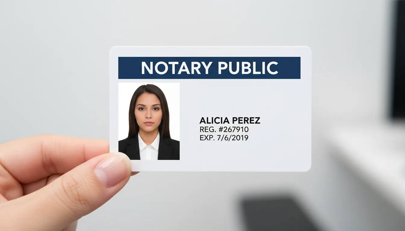 Minimalistic design photo id badge for a notary public with basic information in black text and photo on the left.