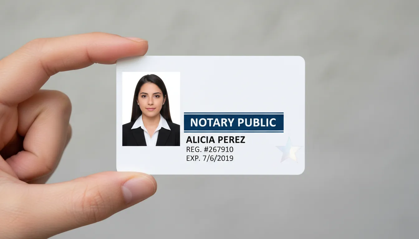 Notary public durable ID card with red barcode design, featuring logo and text fields.