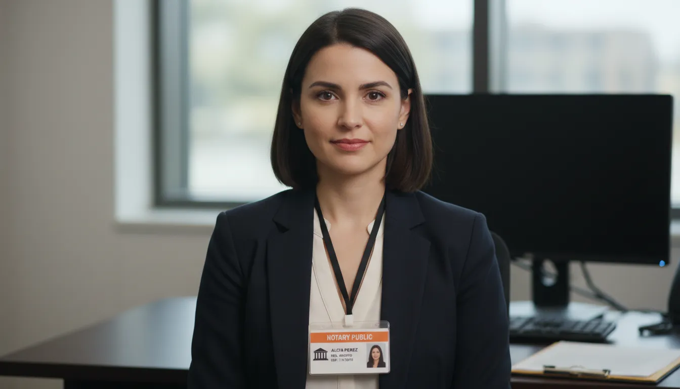 Notary public ID card with a slot punched, worn by a neck lanyard, with a court icon building in black.