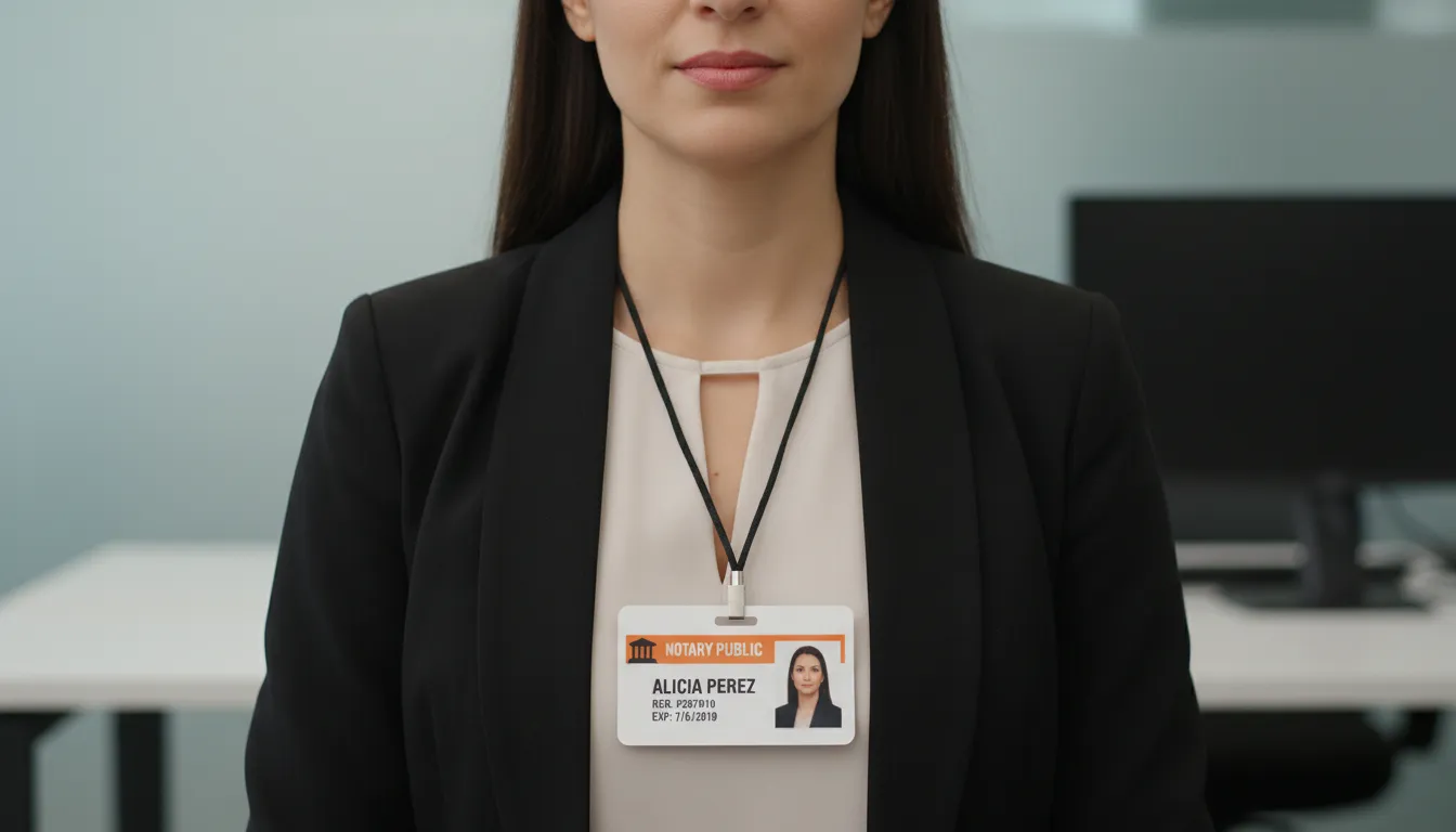 Notary public ID card with a slot punched, worn by a neck lanyard, with a photograph and information in black text.