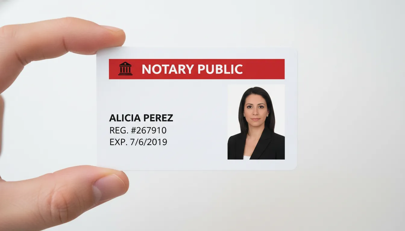 Photo id card for a notary public, red bar in the top on the white background, person's photo on the right