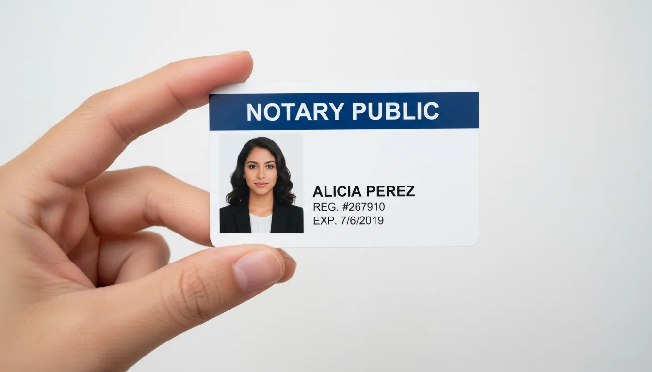Photo id card for a notary public, with navy blue bar in the top on the white background, person's photo on the left.