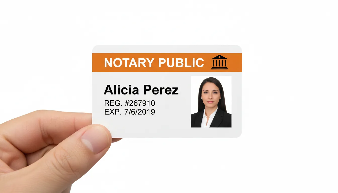 Plastic ID badge for a notary public with a photo on the right, orange bar across the top and black text on the left.