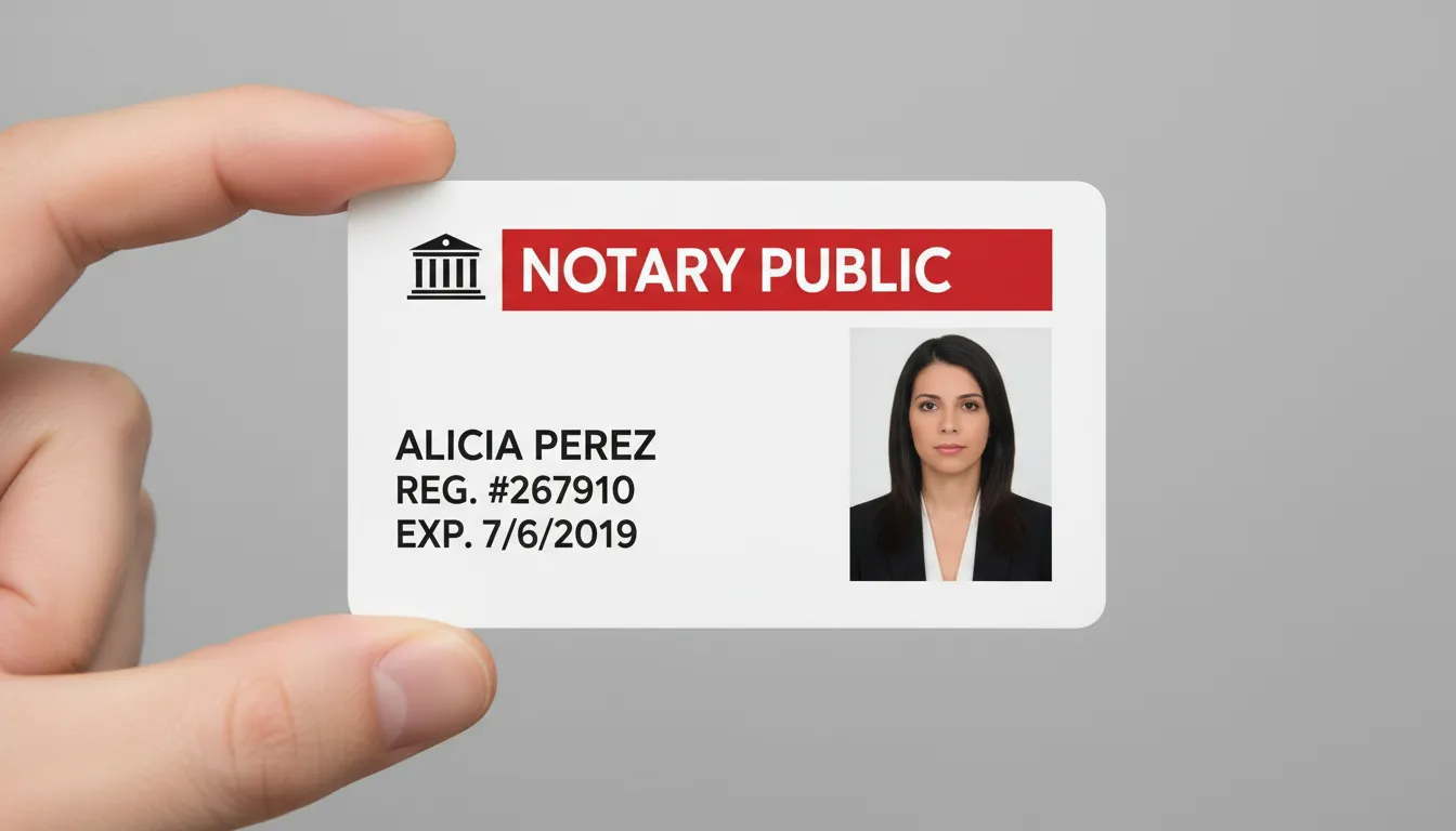 Plastic ID card for a notary public, with high contrast red bark and white text and holographic overlay option.