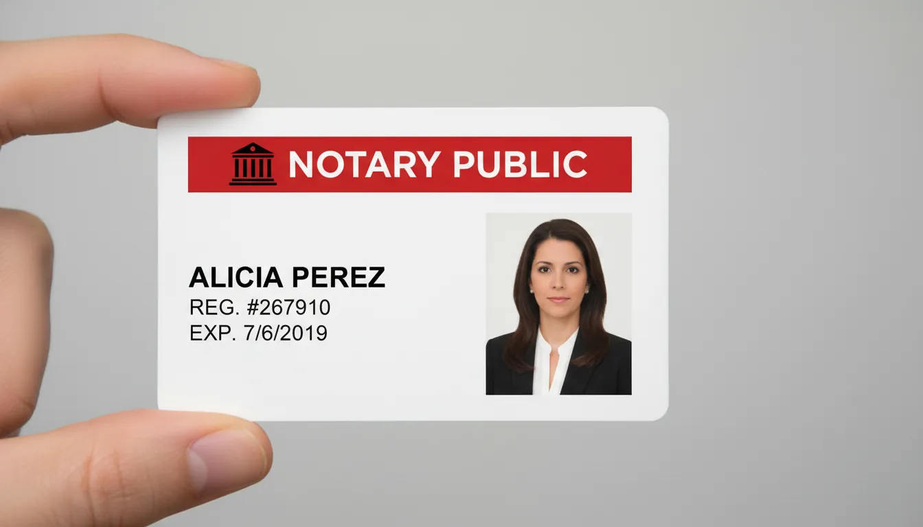 Simple design, photo ID card for a notary public with red bar the top hosting height contrast white label in bold text.