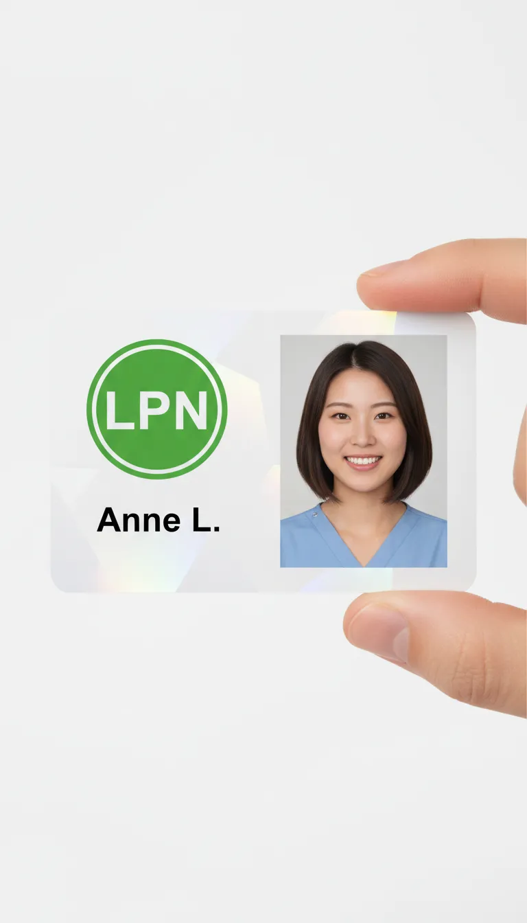 Holographic overlay custom id card for an LPN nurse with a green circle, photograph and the nurse's name.