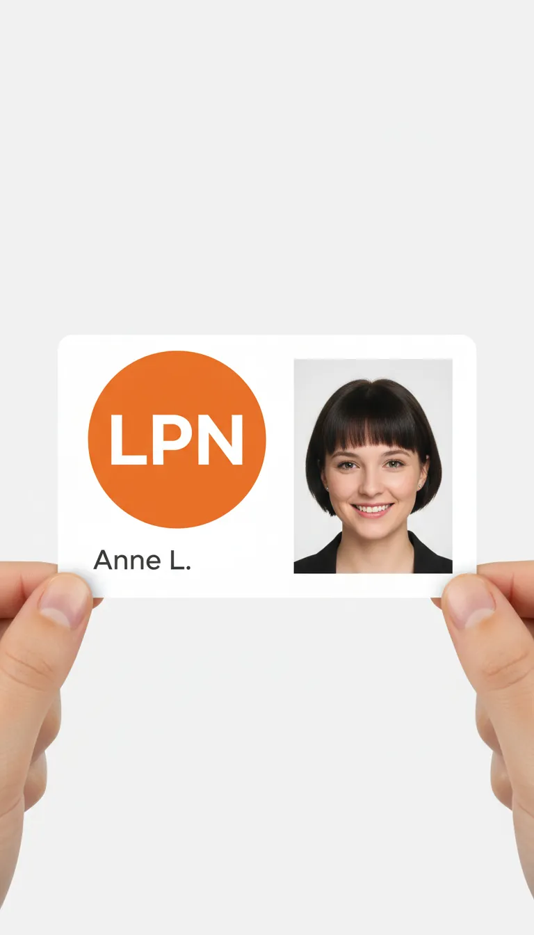 Horizontal id card for an LPN nurse, with photo on he right and a large orange circle on the left saying LPN.