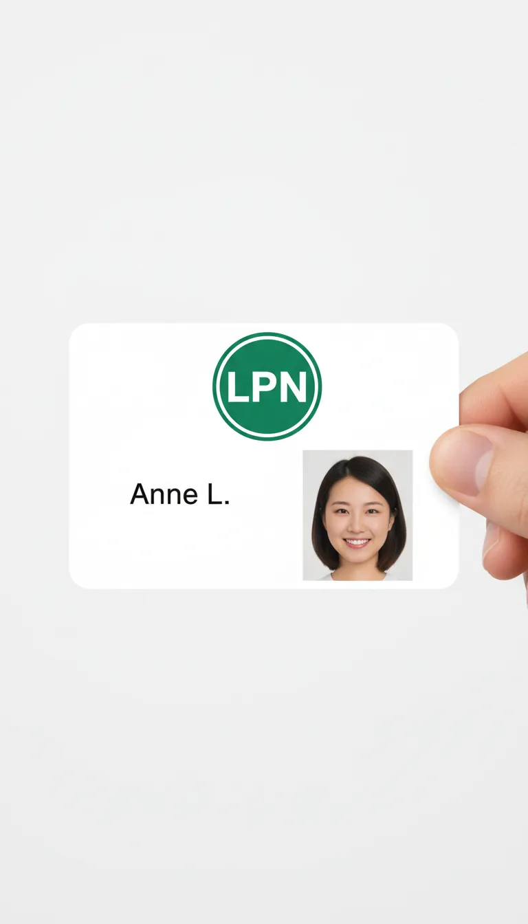 Horizontal photo id card for a nurse, horizontal layout with white background and green circle displaying the position.