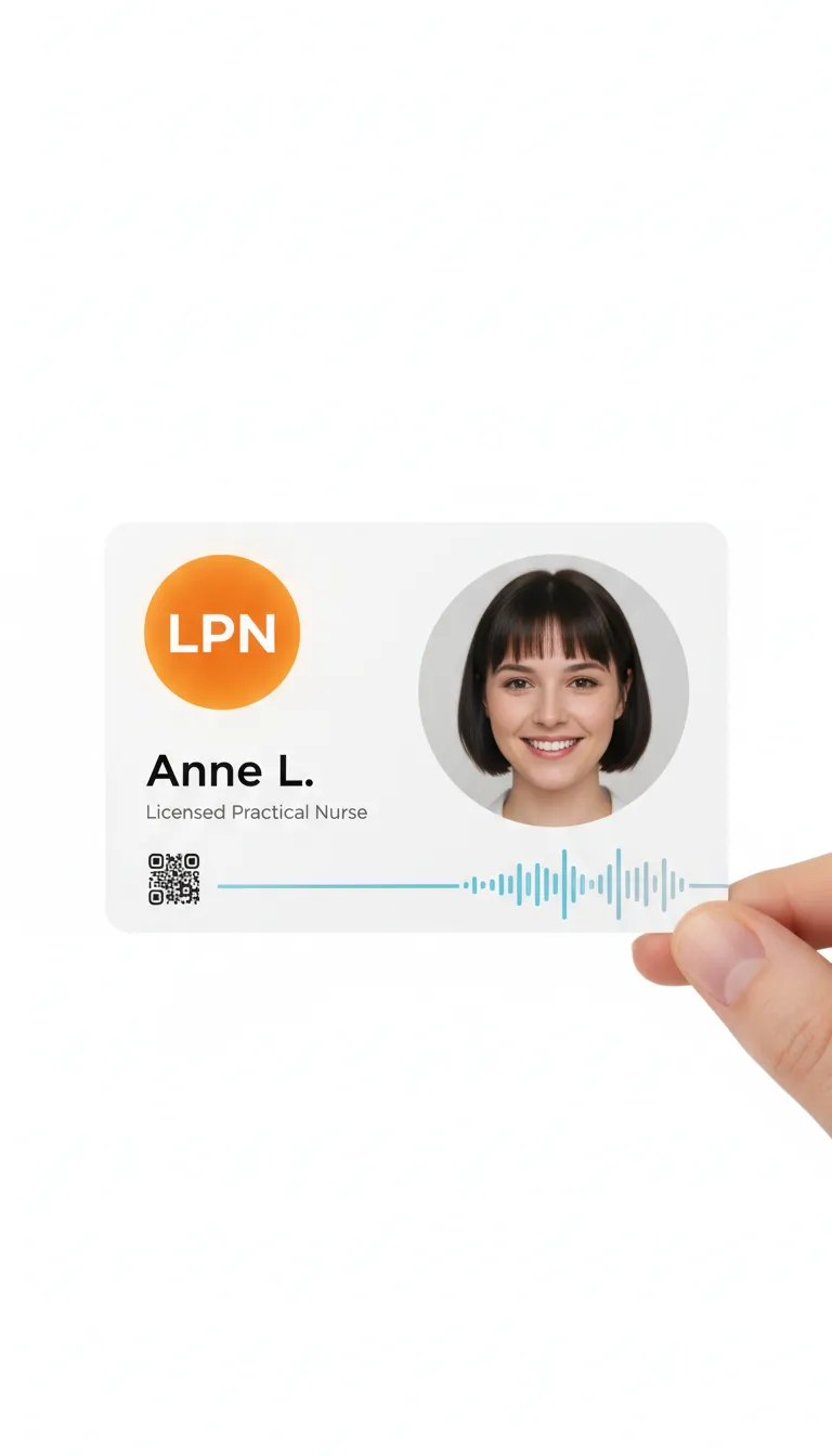 Licensed Practical Nurse id badge with a photo, name and QR code, featuring clear overlay for extra protection.