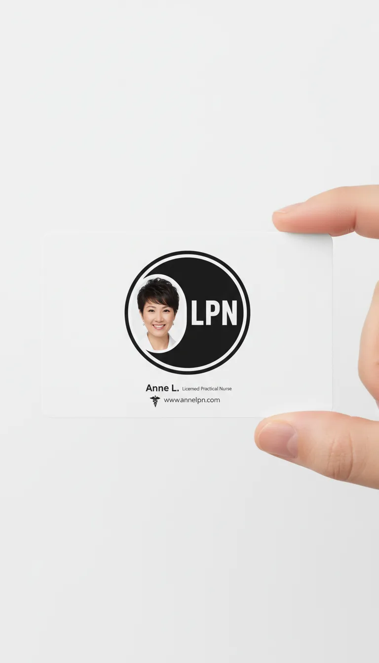 LPN photo id card with a centered color circle design holding the title and the persons' photograph.