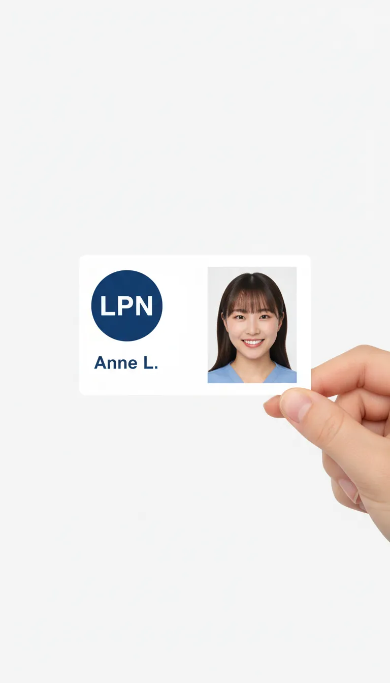 nurse plastic id card showing the job title in a large blue circle next to the photo with optional holographic overlay.