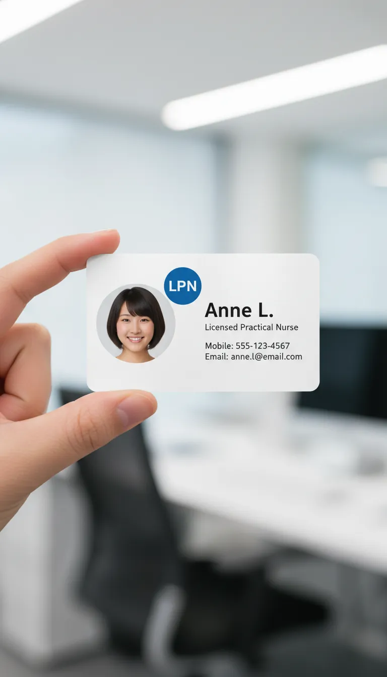 PVC nurse id badge featuring the title in a blue circle and personal data in black text labels.