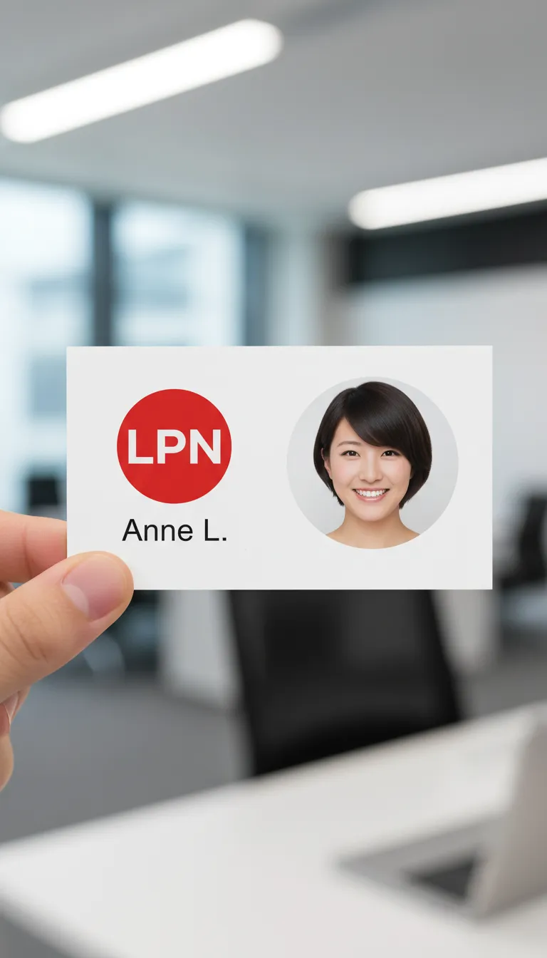 Registered Nurse photo ID card, prominently showing the title in a red circle and a photo in a neighboring circle.