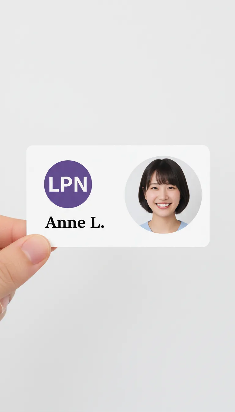 Rounded photograph id badges for LPN medical nurse, horizontal minimalistic design with a purple circle.