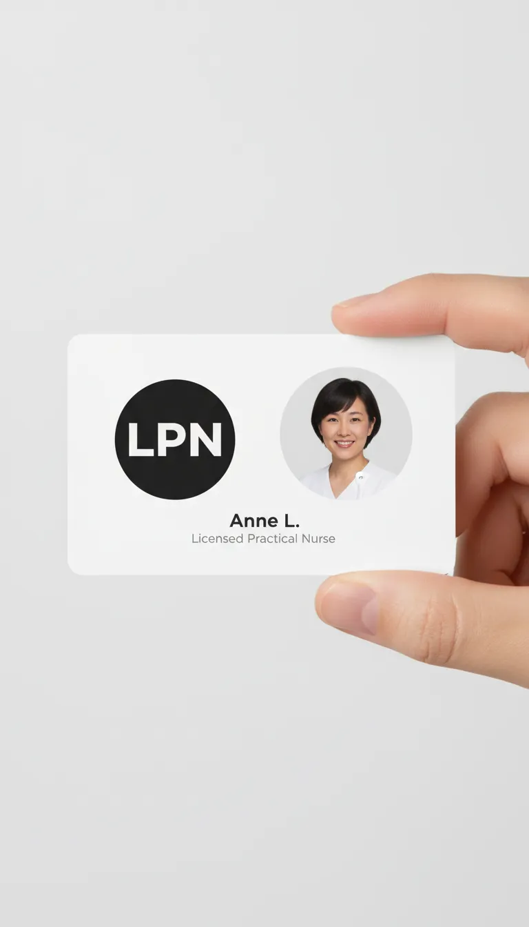 Two circles layout, horizontal ID card for a nurse, left circle hosts the title, right shows the photo.