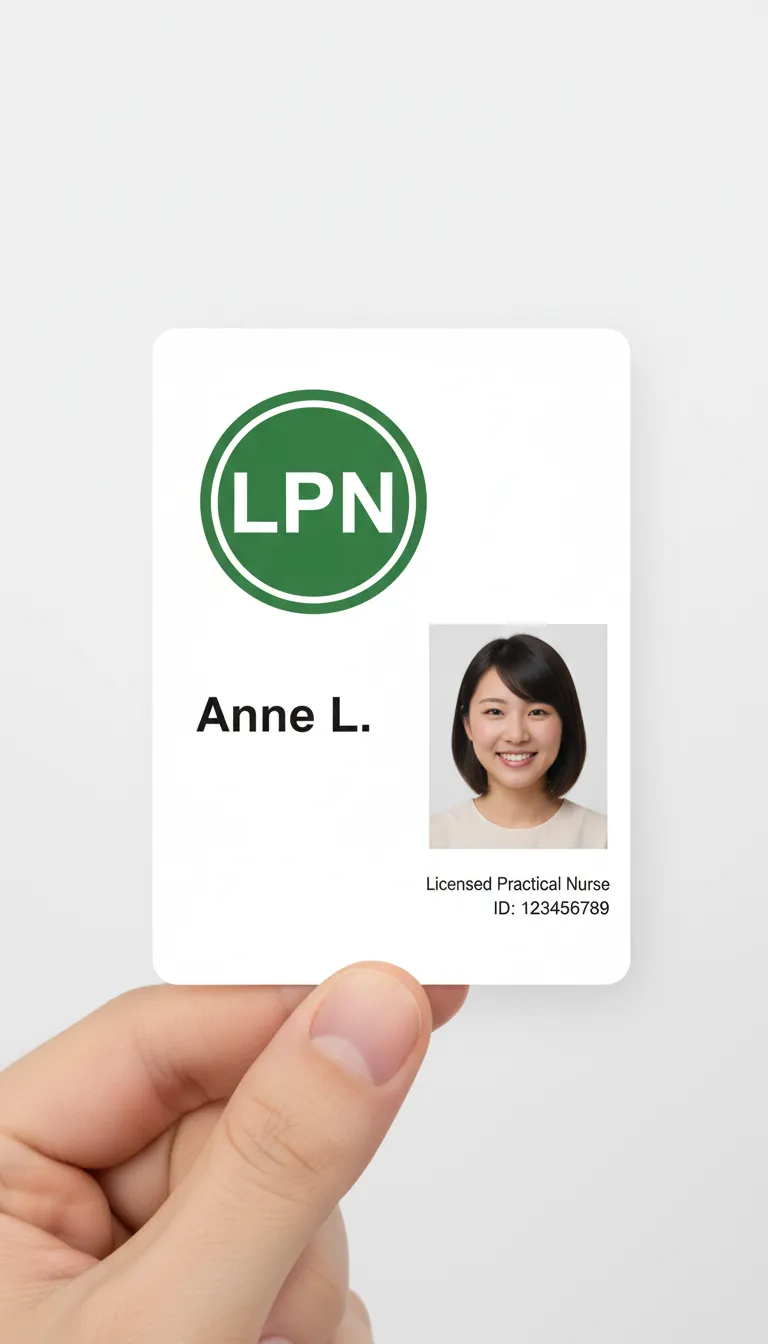 Vertical orientation photo ID card for a nurse practitioner with a large green circle in the top left showing the job title.