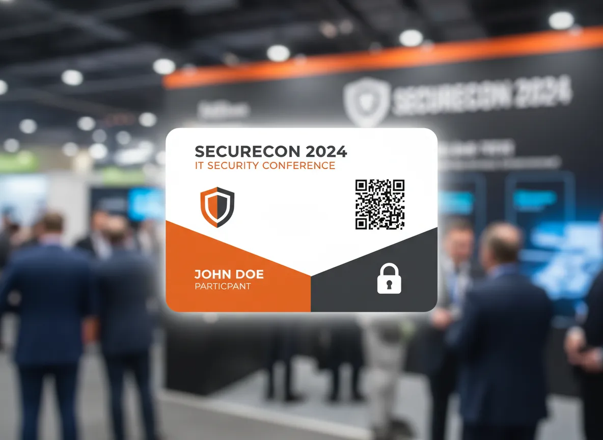 AI designed, IT security conference ID pass, printed edge to edge on PVC card with built-in NFC chip for attendance tracking capability.