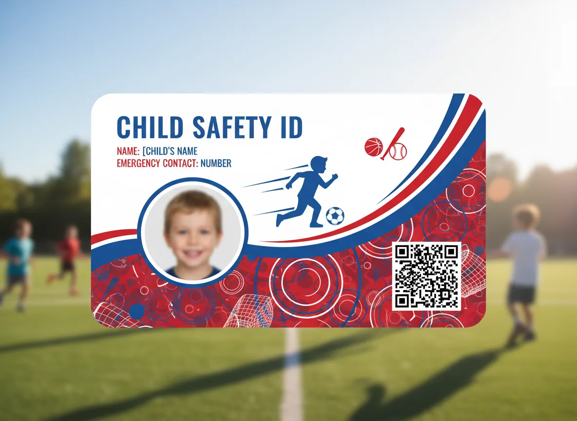 Canva designed artwork, printed on PVC card, featuring child safety ID badge for a sport enthusiast with abstract background and QR code for scanning.