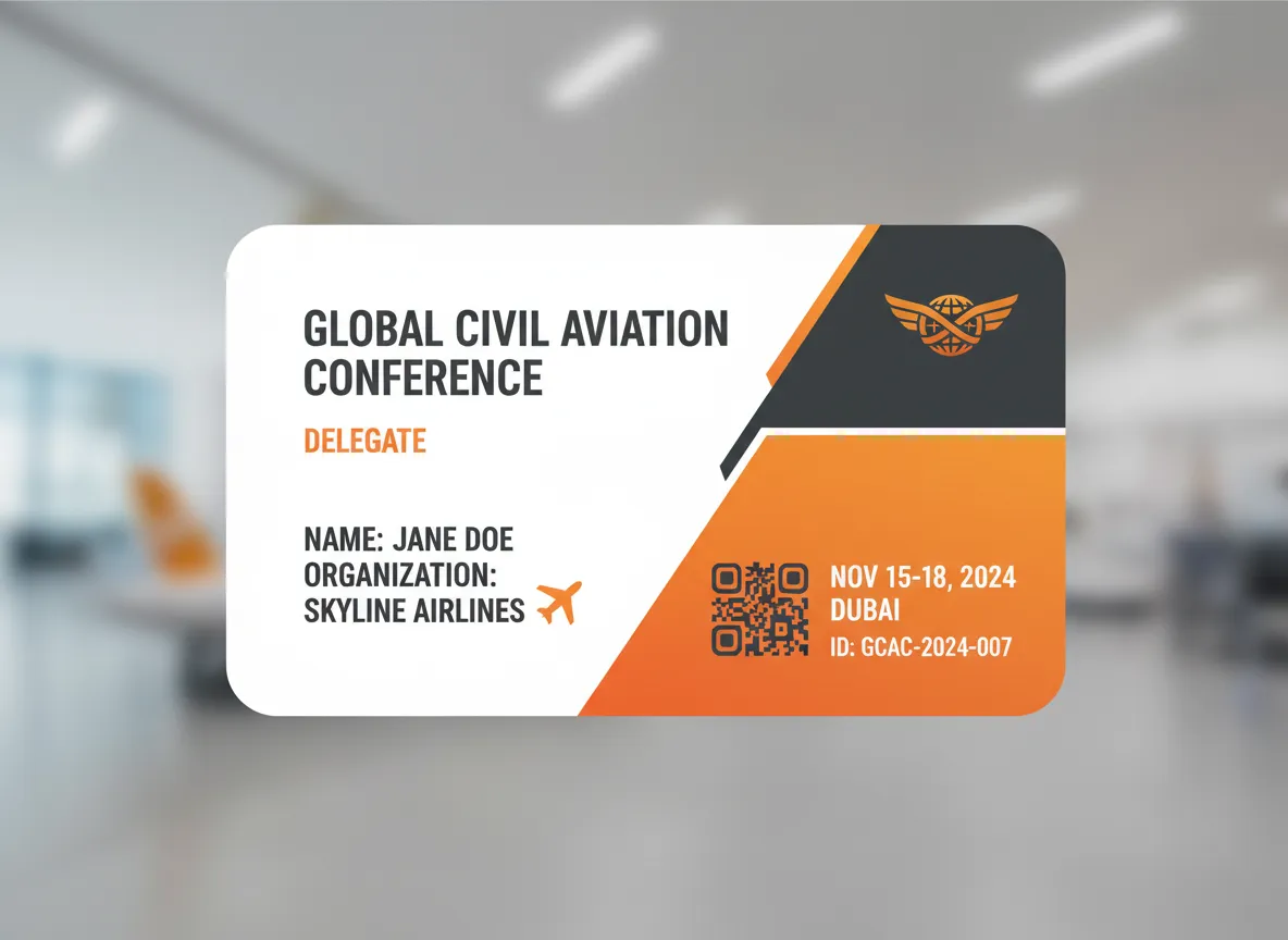Conference event identification pass, created by AI, printed edge to edge on 30 mil thick PVC, featuring diagonal orange, grey and white design.