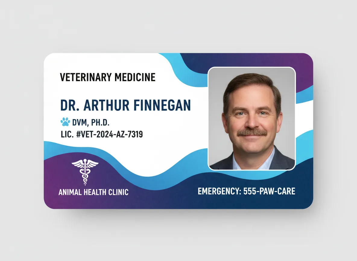 Edge to edge printed custom ID badge for a veterinarian, designed offline, PVC 30 mil thick media, clear overlay for extra wear protection.