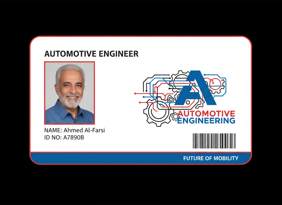 Extra durable 50 mil PVC card, for heavy work conditions, with AI generated logo, personalized for an automotive engineer, with photo and name.