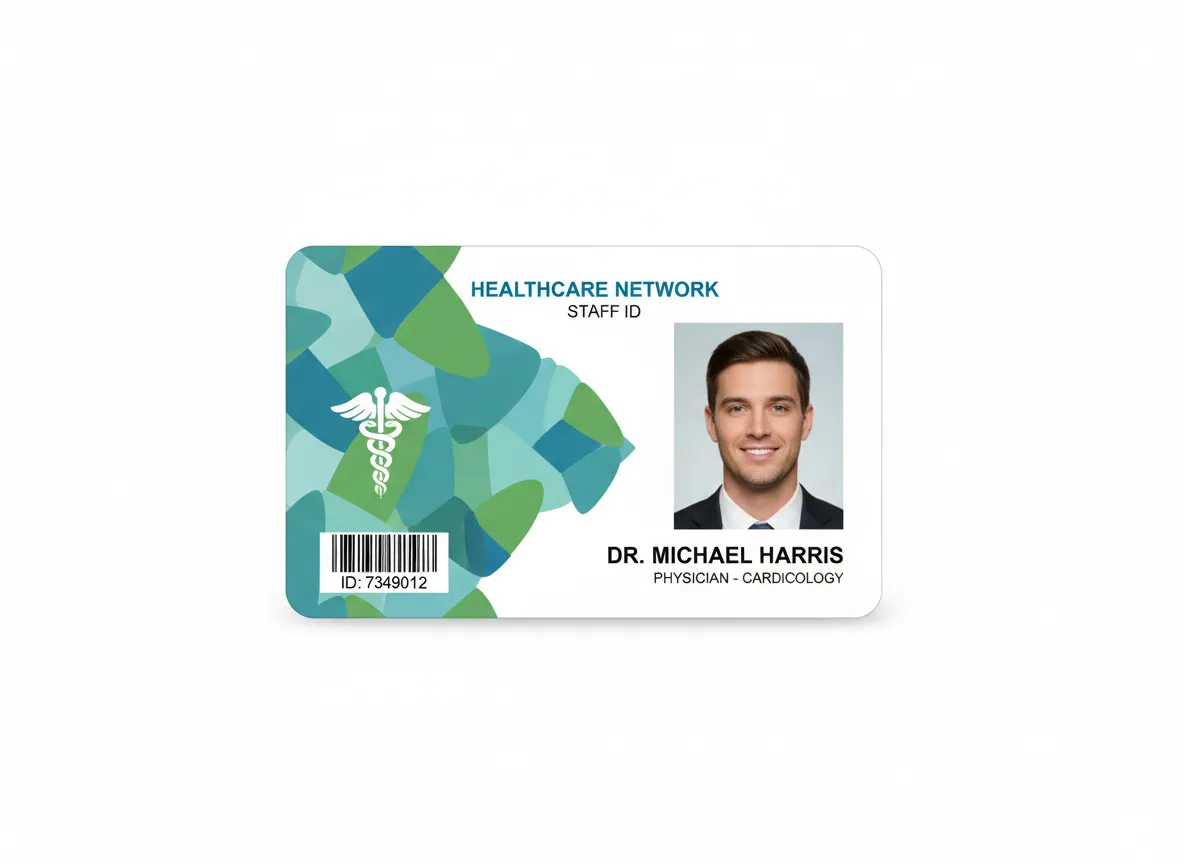 Healthcare colors, abstract background ID card, designed in Photoshop, printed on 30 mil PVC, with holographic overlay for added security.