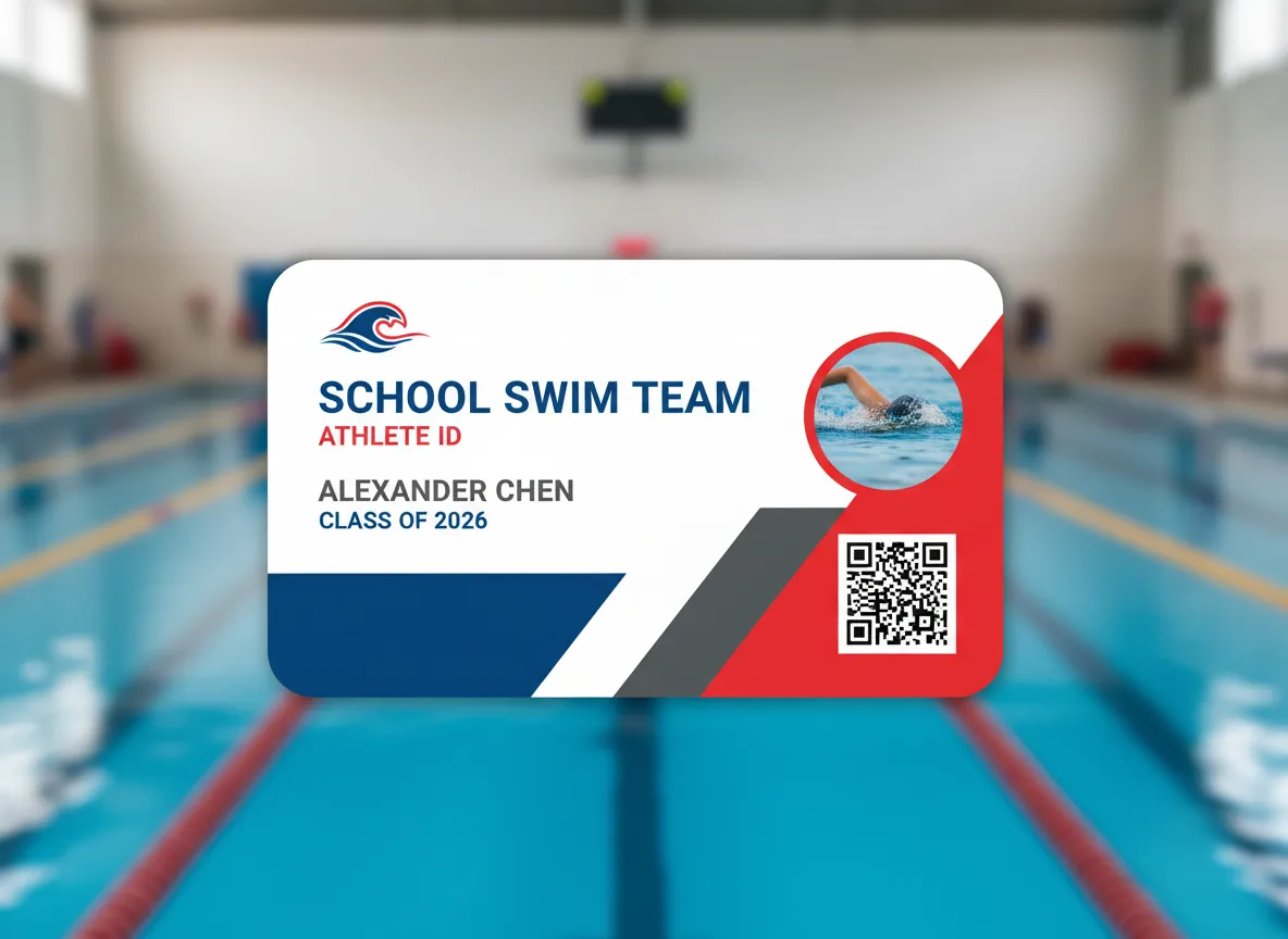 High school athlete, swim team member, sport ID card, printed on water proof PVC, with QR code and RFID chip for attendance and access control.