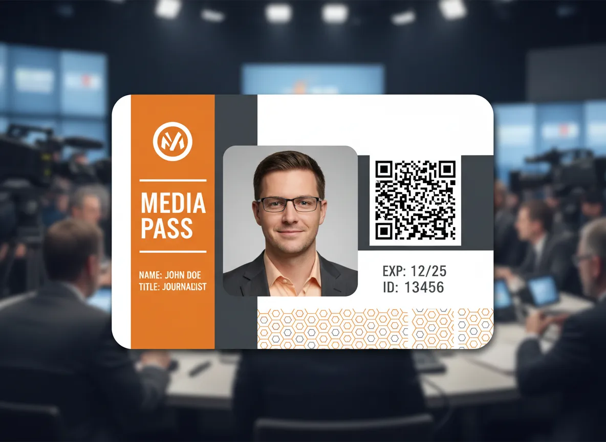 Media pass, designed online with AI engine, printed on PVC, featuring T-shape, orange and grey color bars, photo, QR code and honey comb pattern.