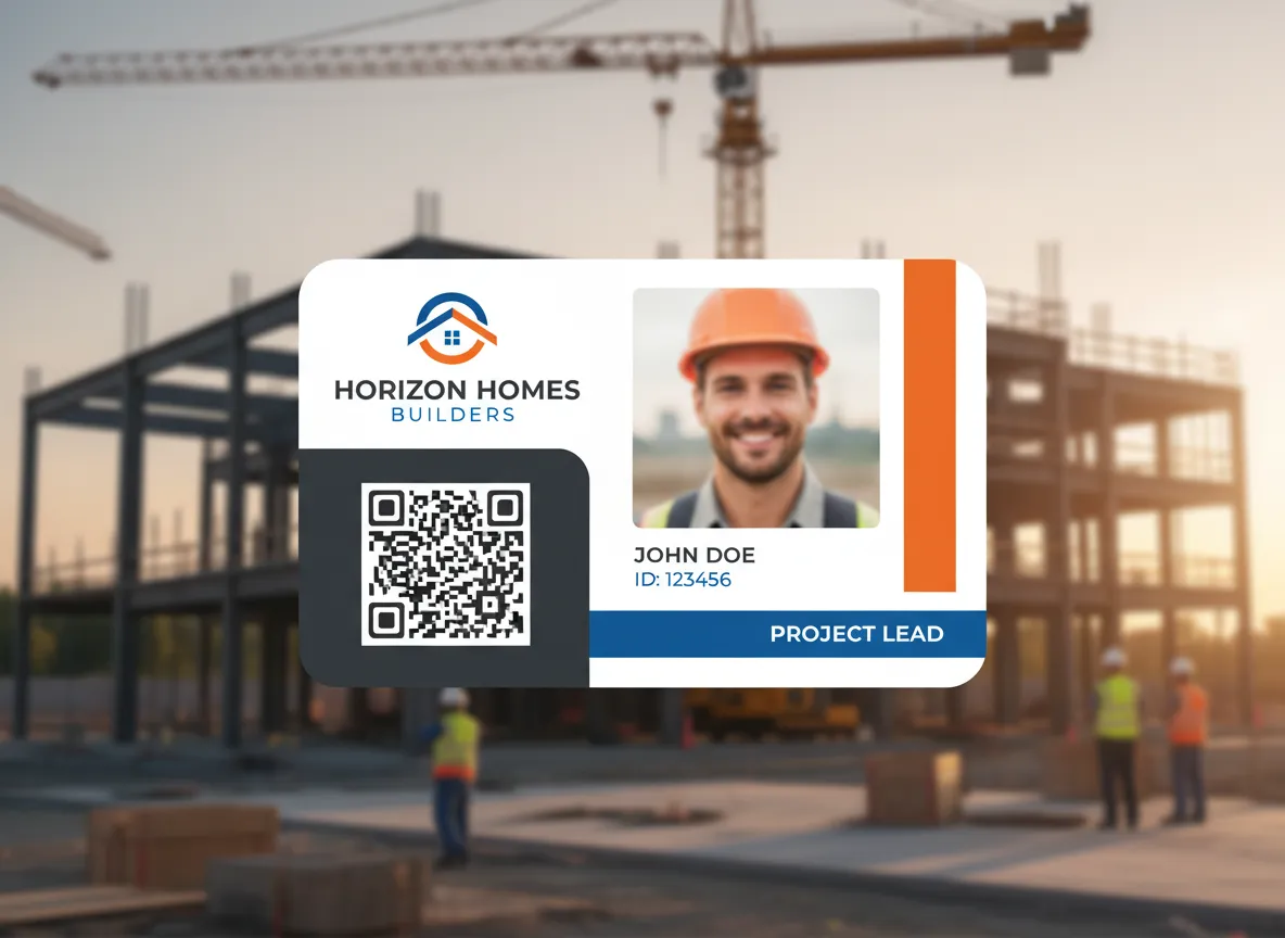 Own artwork printed ID badge for a construction company with blue, orange and dark grey color bars, on 40 mil PVC for added durability.