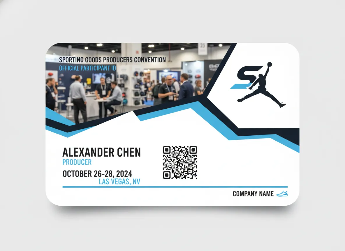 Own design, printed on 50 mil PVC, ID pass for a sport merchandise conference event, featuring white , black and blue colors palette.