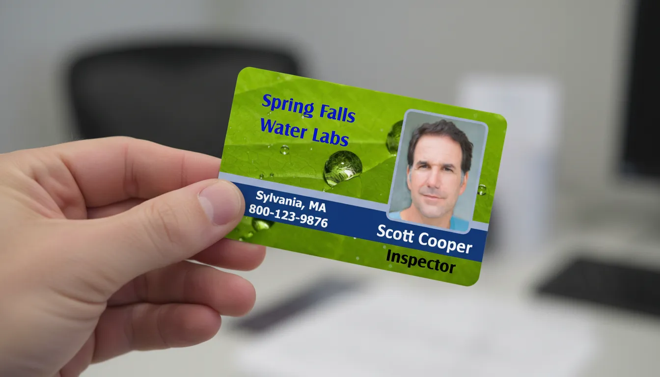 Green and blue custom ID card with water droplets, held in hand, office background blurred.