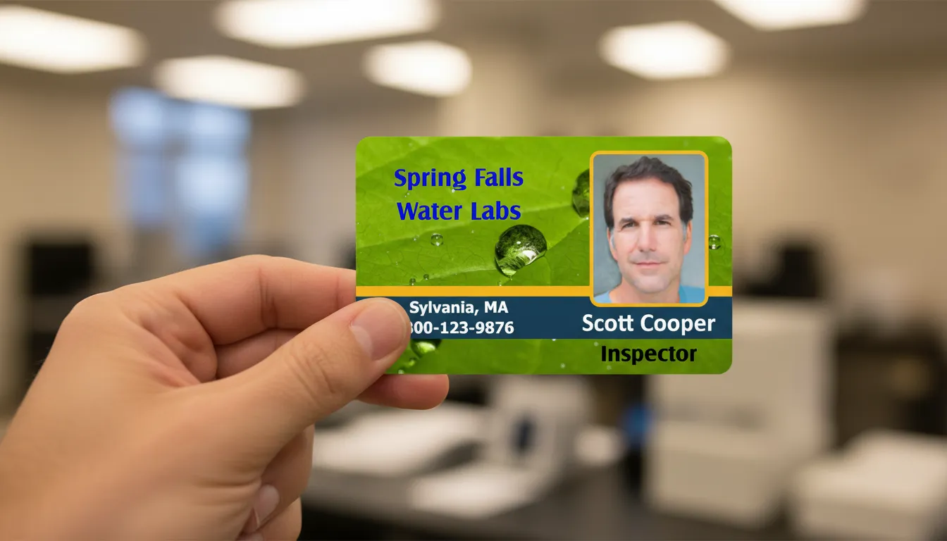 Hand holding green and blue custom ID card, office background blurred, professional ID badge visible.