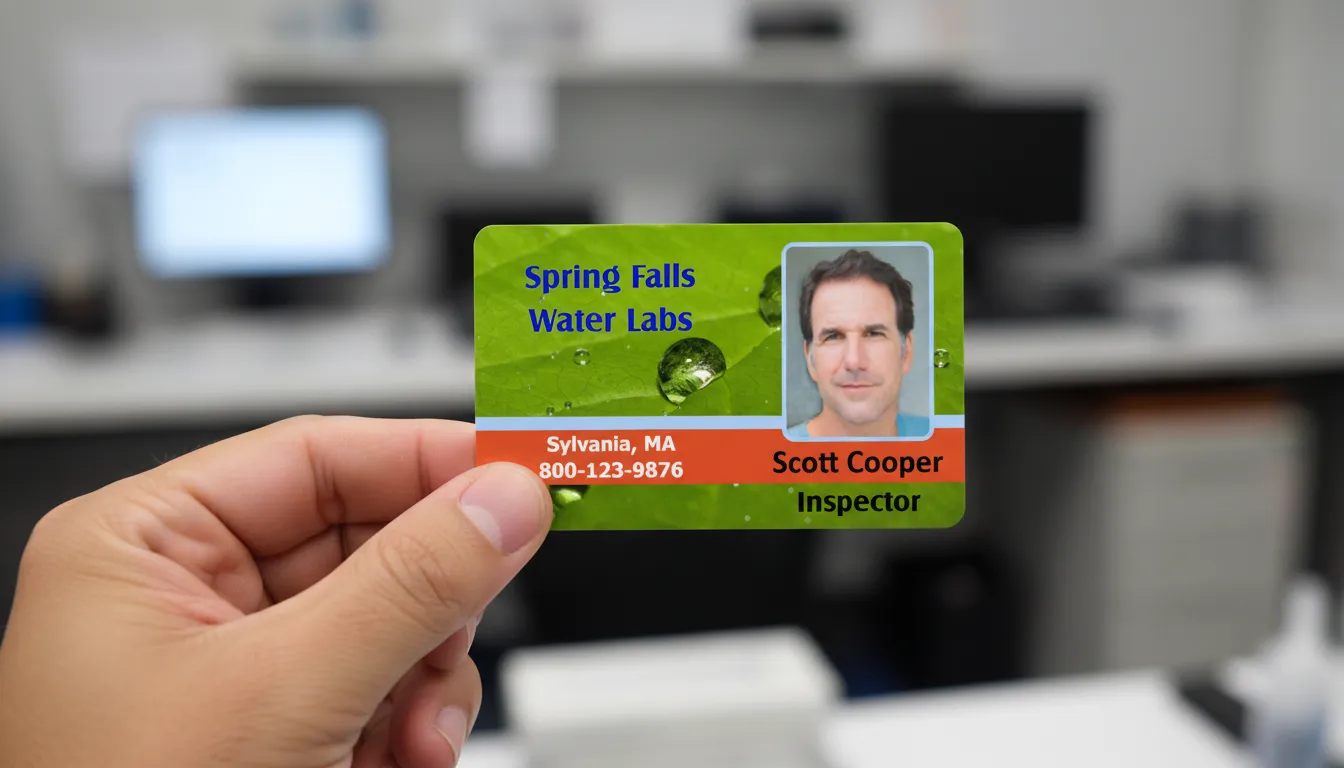 Hand holding green custom ID card with leaf design, office background blurred in gray tones.