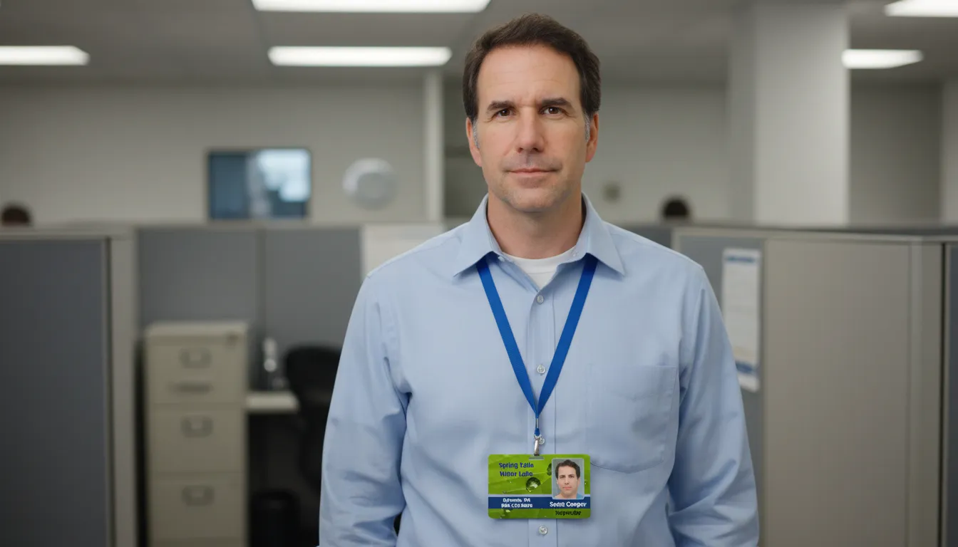 Man in blue shirt wearing green custom ID card, gray office cubicles and white ceiling lights.