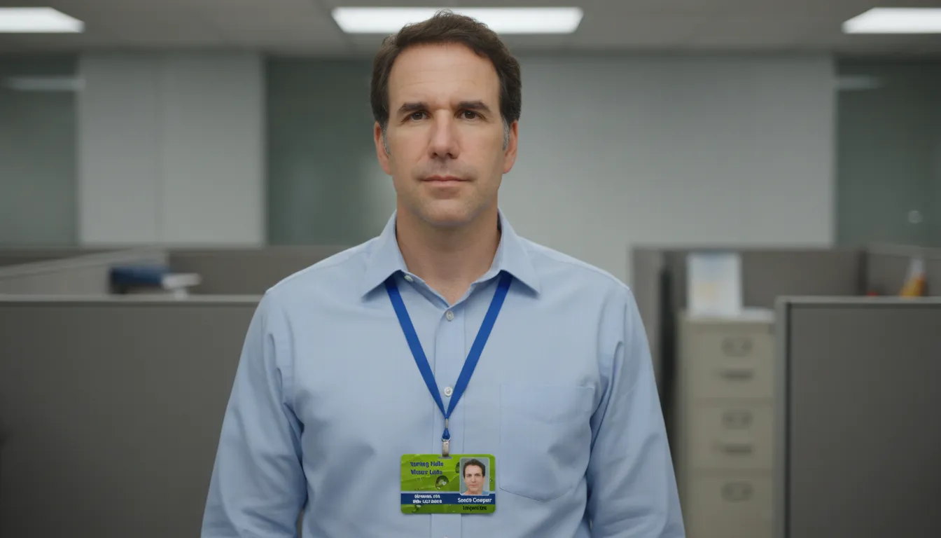 Man in light blue shirt wearing green custom ID card, gray office cubicles and white walls background.