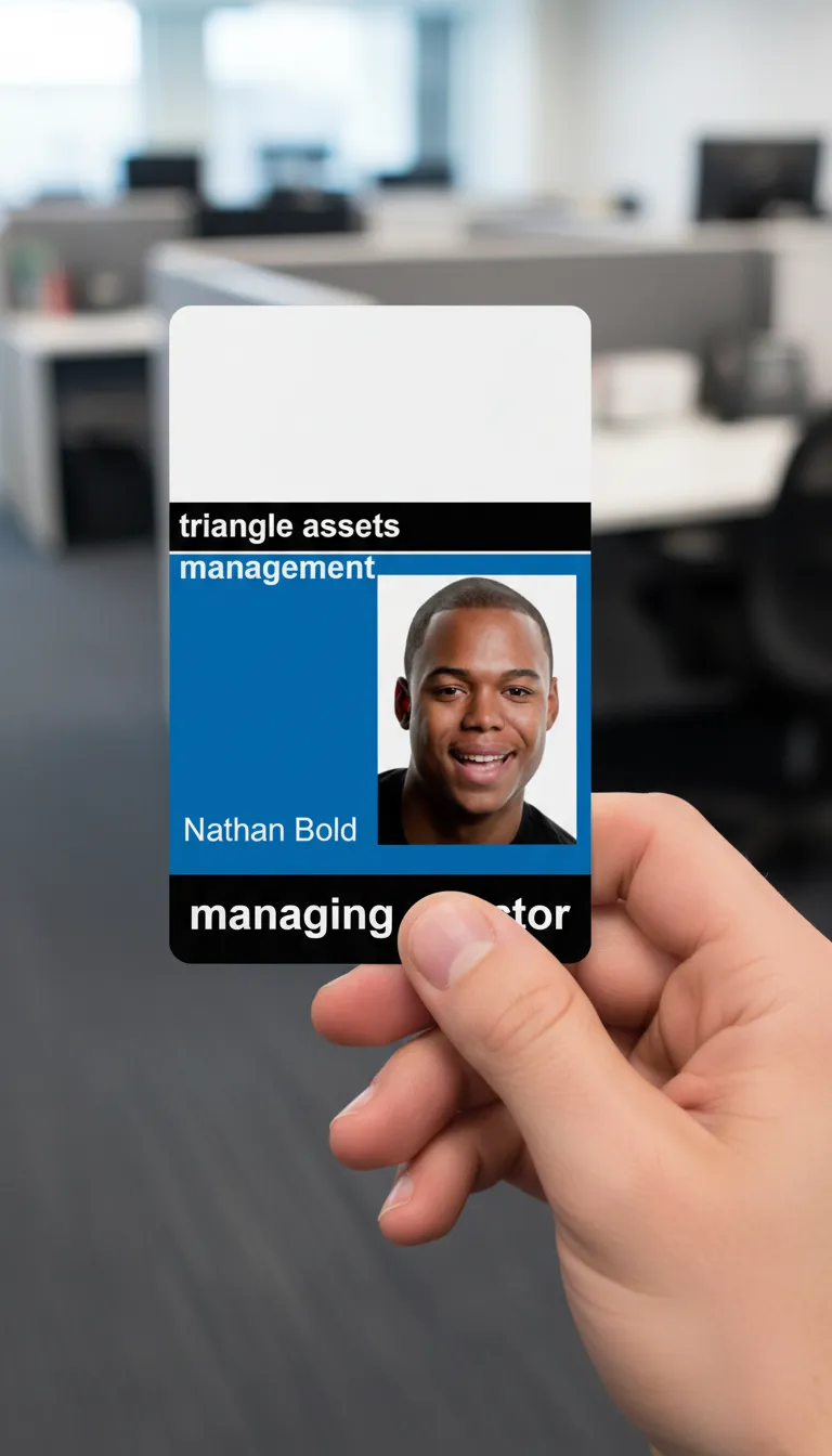 Blue, black, and white professional ID badge held in office with blurred desks and computers.