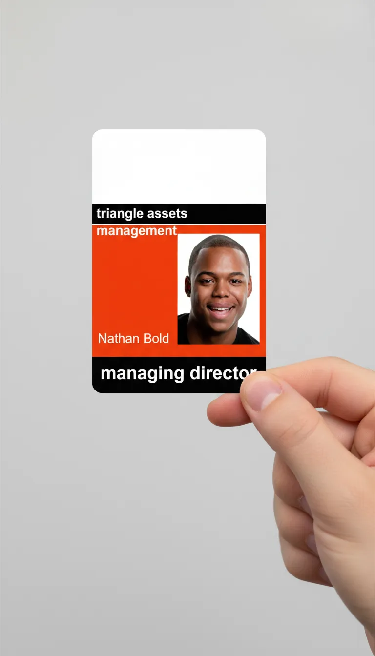 Hand holding custom ID card, red, black, and white colors, light gray background.