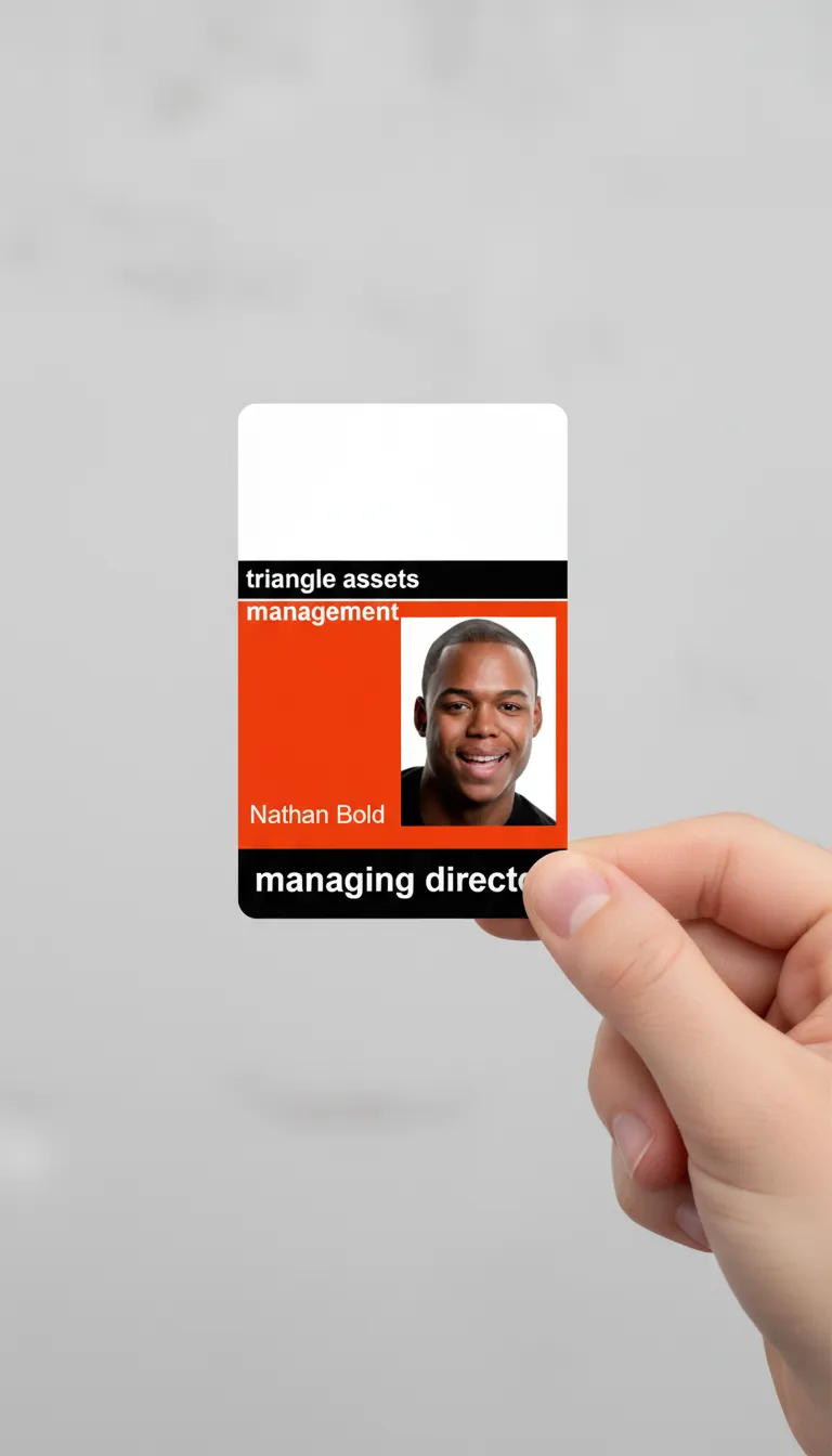 Hand holding custom ID card with black, white, and orange colors, gray background.