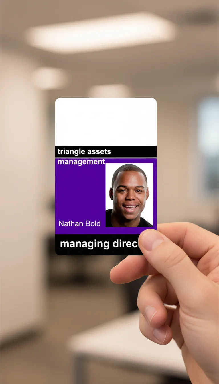 Hand holding custom ID card with purple, black, and white colors, blurred office background.