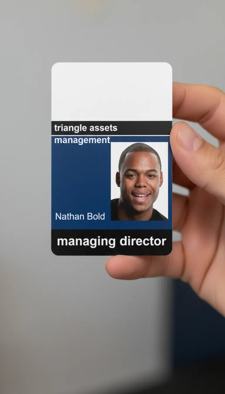 Professional ID badge, blue and black colors, white text, held by hand, gray background.
